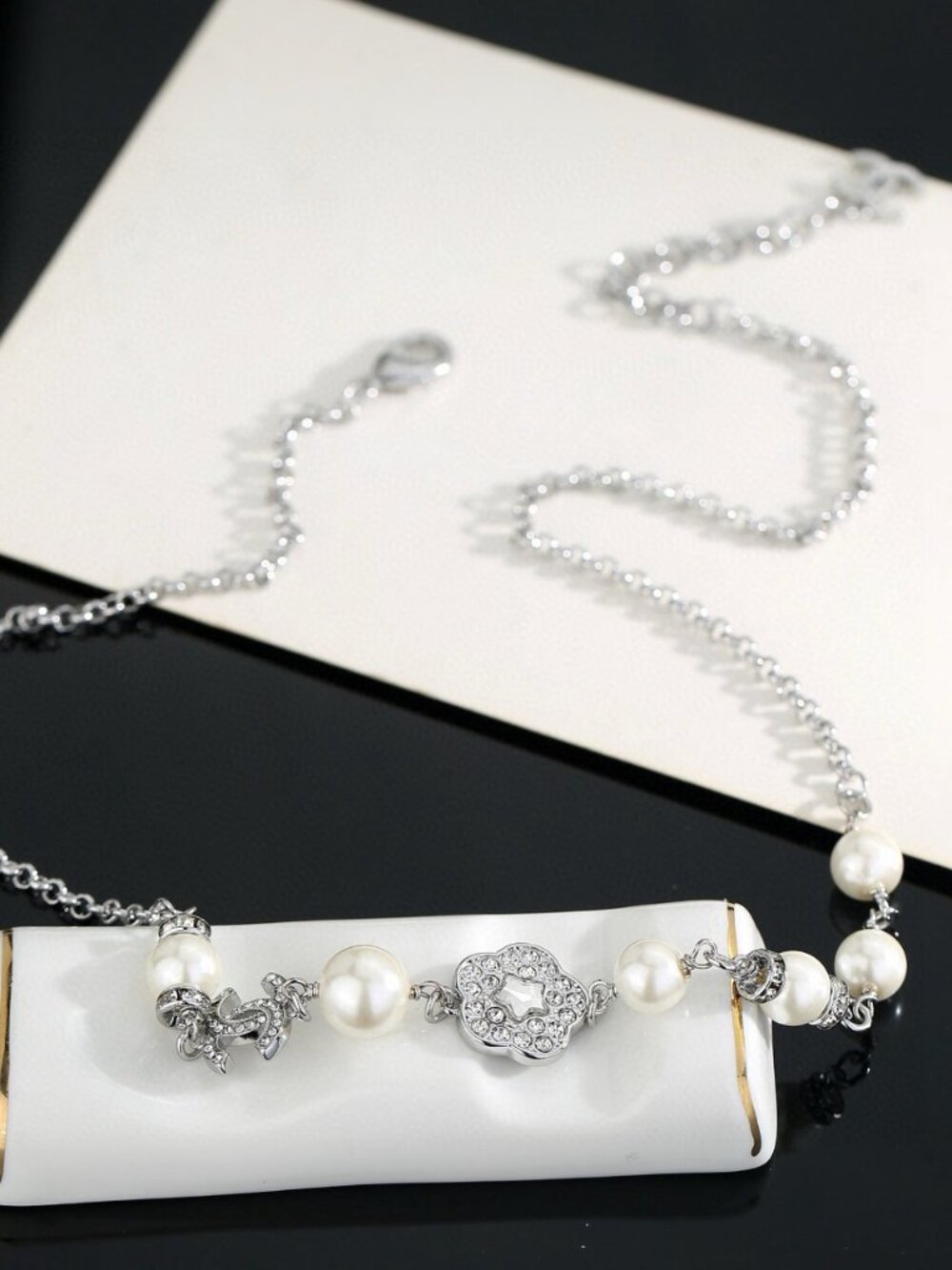 ✨ CHANEL- Silver Tone Pearl and CrystalNecklace✨